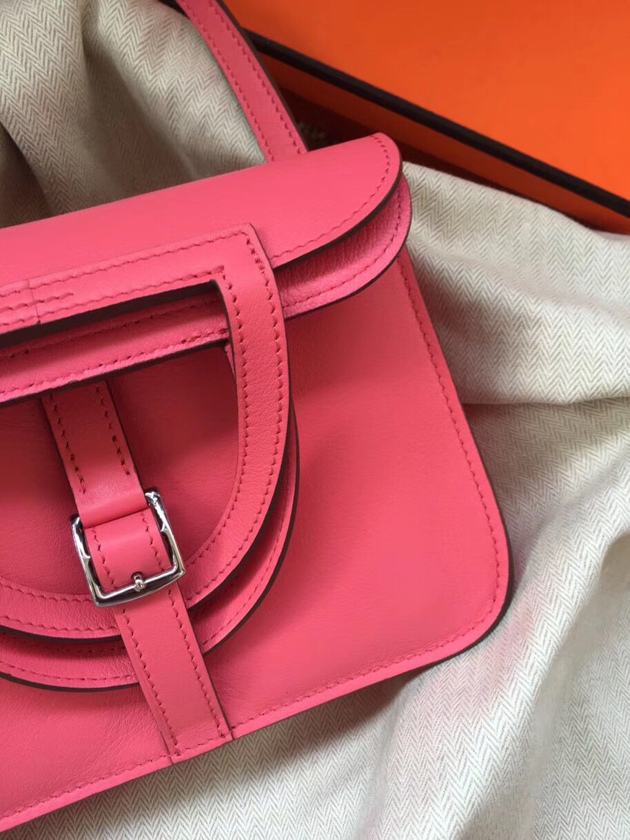 Hermes Mini Halzan 22 Handbag Shoulder Bag In Rose Pink Swift Leather